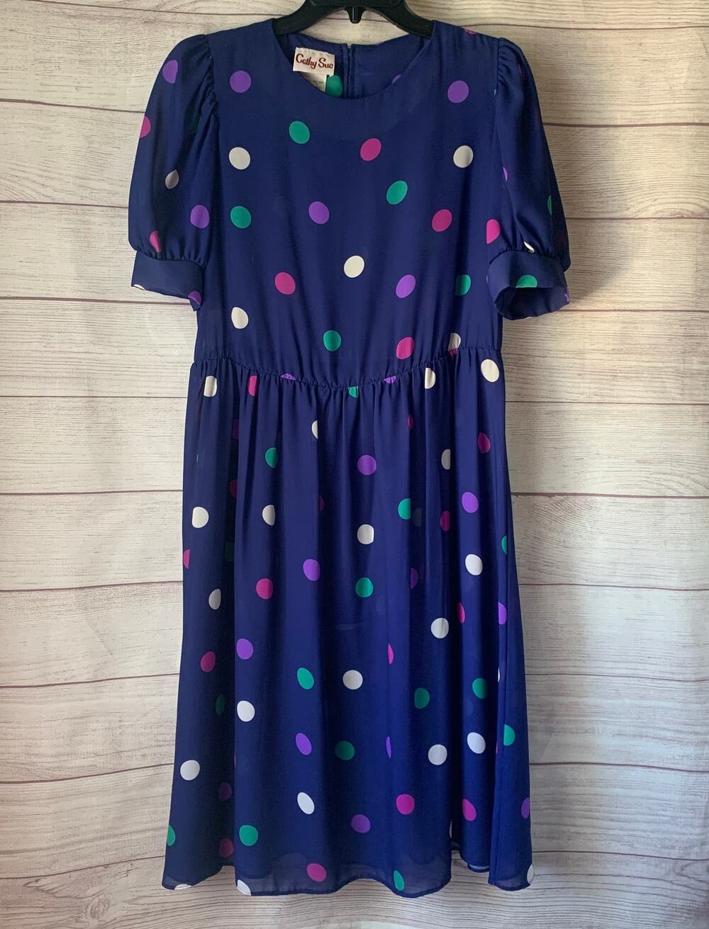 Vintage Cathy Sue Blue Polka Dot Dress Elbow Length Sleeves Zipper Back Size 6